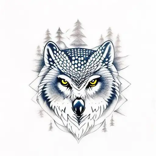 and owl and a wolf with a forest as backgroundthe wolf is facing right and the owl is in the back facing the wolf  tattoo design idea