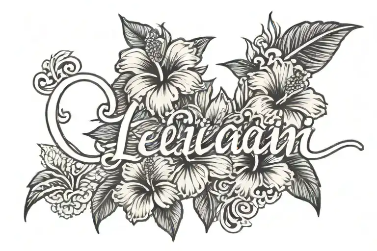  tattoo of the name “Leilani” in a cursive style font with Hawaiian hibiscus flowers in the background tattoo design idea