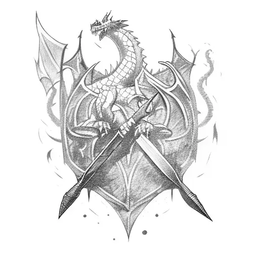 A spear breaking through a shield with a dragon design tattoo design idea
