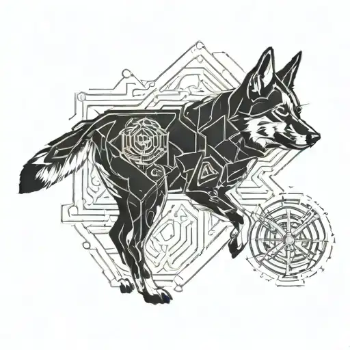 A tattoo of a German Shepard and fox like Digimon engaging in a battle, with elements of science fiction incorporated. tattoo design idea