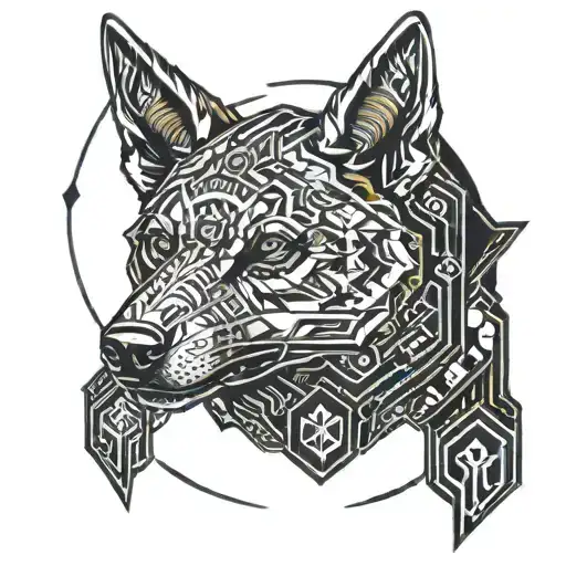 A tattoo of a German Shepard and a fox like Digimon.engaging in battle, with elements of science fiction incorporated. tattoo design idea