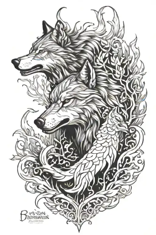 wolf and phoenix rising in forest fire coming tattoo design idea