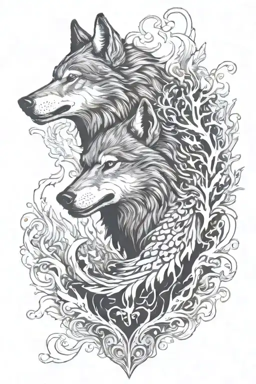 wolf howling  and phoenix rising in forest fire coming tattoo design idea