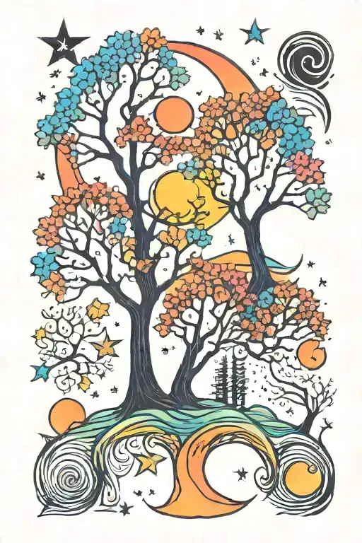 midnight acid moon trees stars multi color forming tattoo design idea