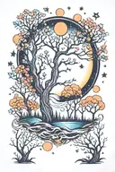 midnight acid moon trees stars multi color forming tattoo design idea