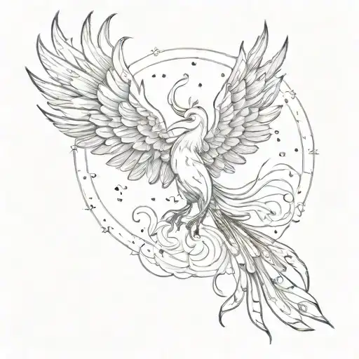 A sketch style tattoo of a phoenix in flight, with the Capricorn zodiac constellation as its fiery tail, creating a dynamic and unique design tattoo design idea
