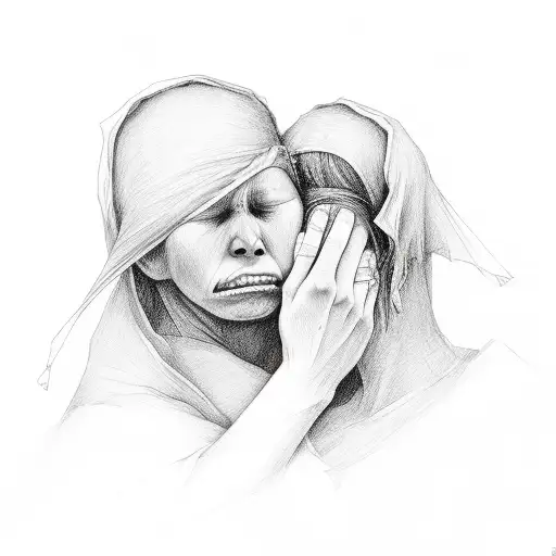 sorrowful mother shedding a tear after losing her son tattoo design idea