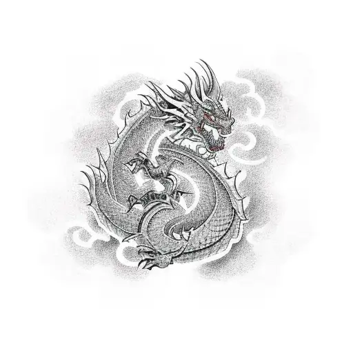 A fierce dragon emerging from an inferno, with dotwork style to create a mesmerizing effect tattoo design idea