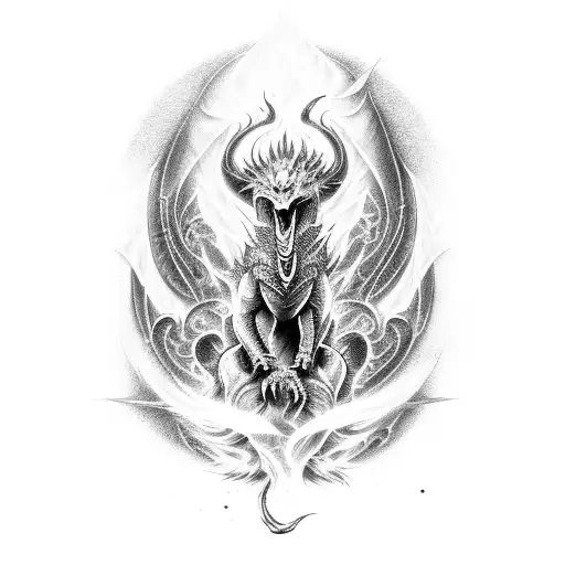 A fierce dragon emerging from an inferno, with dotwork style to create a mesmerizing effect tattoo design idea