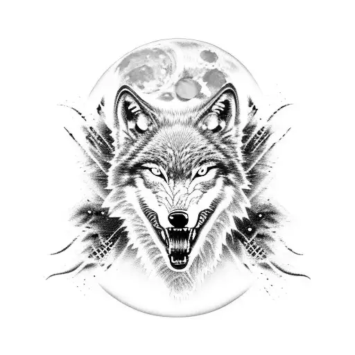 A fierce wolf howling at the moon, with dotwork style to create a mesmerizing texture in the fur tattoo design idea