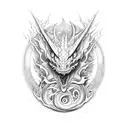 A fierce dragon emerging from an inferno, with dotwork style to create a mesmerizing effect tattoo design idea