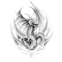 A fierce dragon emerging from an inferno, with dotwork style to create a mesmerizing effect tattoo design idea