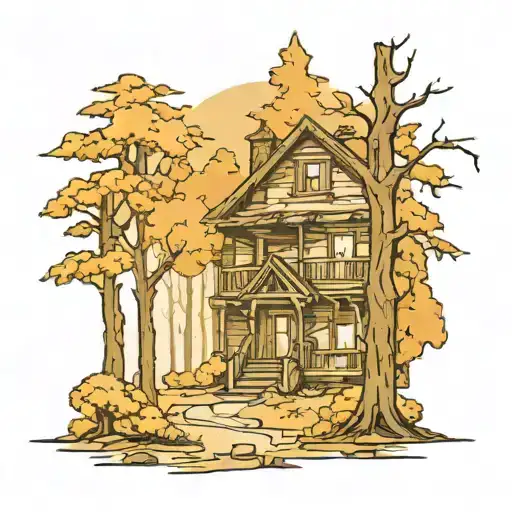 resident evil 8 wood scene inspired with trees fog in the back  tattoo design idea