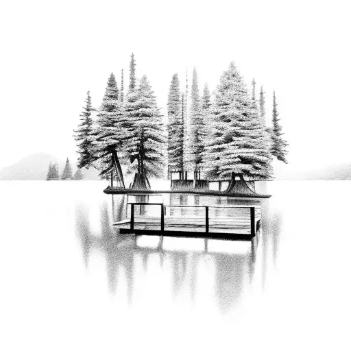 A dock extending into a serene lake surrounded by trees tattoo design idea