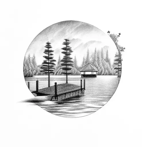 A dock extending into a serene lake surrounded by trees tattoo design idea