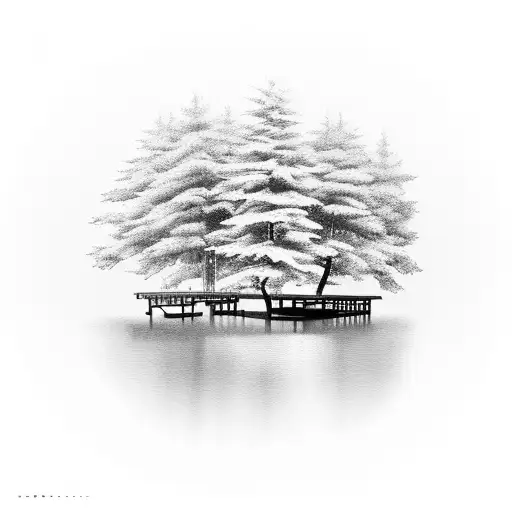 A dock extending into a serene lake surrounded by trees tattoo design idea
