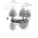 A dock extending into a serene lake surrounded by trees tattoo design idea