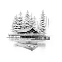 A dock extending into a serene lake surrounded by trees tattoo design idea