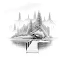 A dock extending into a serene lake surrounded by trees tattoo design idea