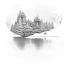 A dock extending into a serene lake surrounded by trees tattoo design idea