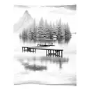 A dock extending into a serene lake surrounded by trees tattoo design idea