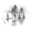 A dock extending into a serene lake surrounded by trees tattoo design idea