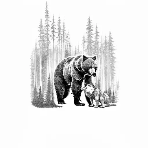 A dotwork tattoo of a bear and a wolf facing off in a dense forest tattoo design idea