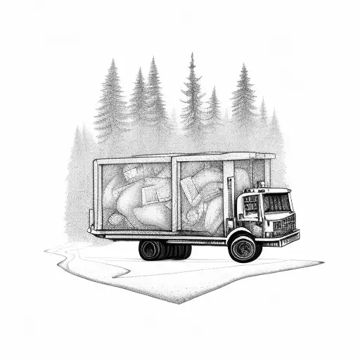 A garbage truck driving through a mystical PNW forest with hidden creatures tattoo design idea