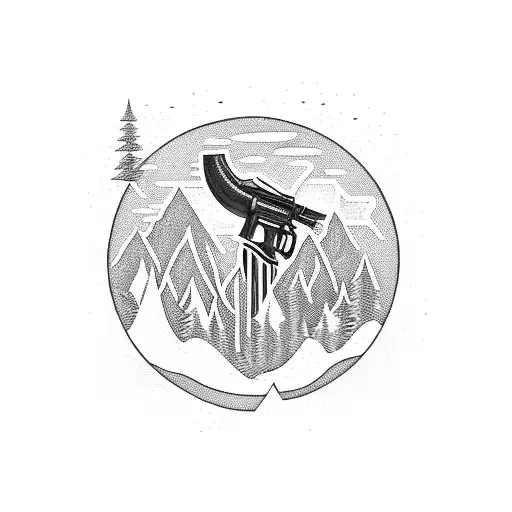 A detailed blackwork tattoo of a shotgun surrounded by PNW forest elements tattoo design idea