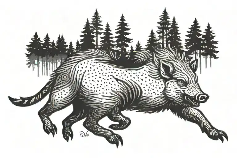 boar, tusks, running on the ground, forest, minimalism, fur is drawn tattoo design idea