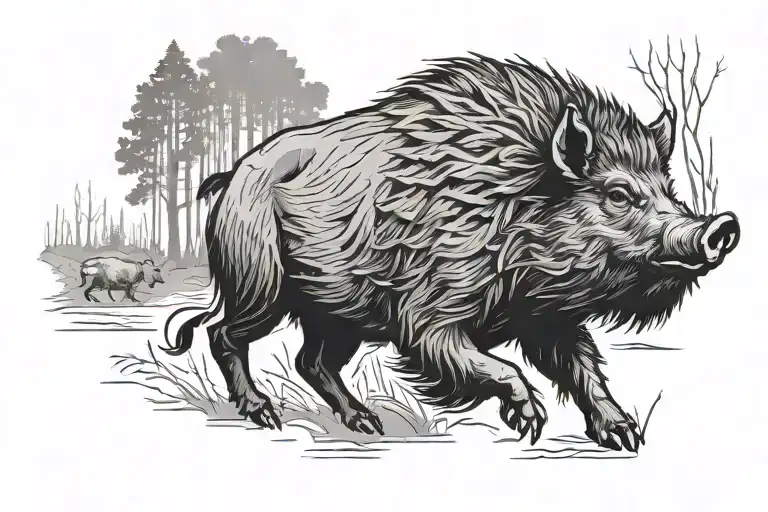boar, running along the ground, forest, minimalism, wool is drawn tattoo design idea
