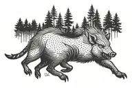 boar, tusks, running on the ground, forest, minimalism, fur is drawn tattoo design idea