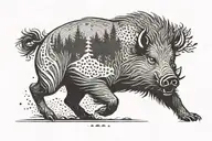 boar, tusks, running on the ground, forest, minimalism, fur is drawn tattoo design idea