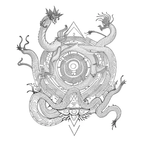 God hermes scepter, with a snake and a dragon around it, with sakura trees and spider lily flowers tattoo design idea