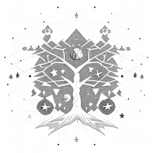 A cosmic tree intertwined with a constellation of stars, with dice hanging from the branches tattoo design idea