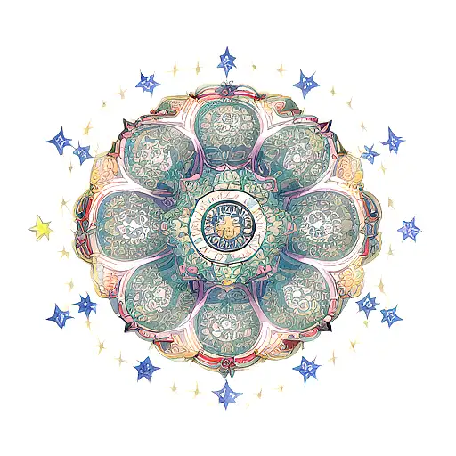 An intricate mandala design with elements of dice and star patterns, representing the balance of chance and destiny tattoo design idea