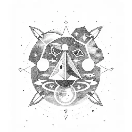 A space-themed sleeve tattoo featuring a spaceship flying through a galaxy filled with trees and dice constellations tattoo design idea