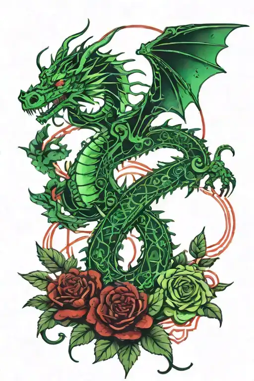 green dragon above red roses intertwined tattoo design idea