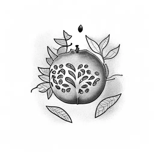 A dotwork tattoo of a pomegranate tree with dark red leaves and fruits tattoo design idea