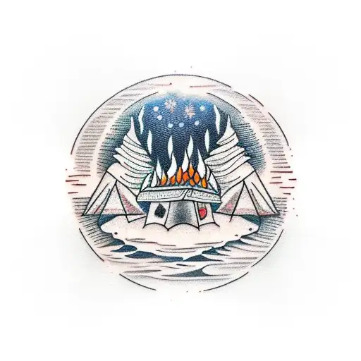Northern sky with camp fire tattoo design idea