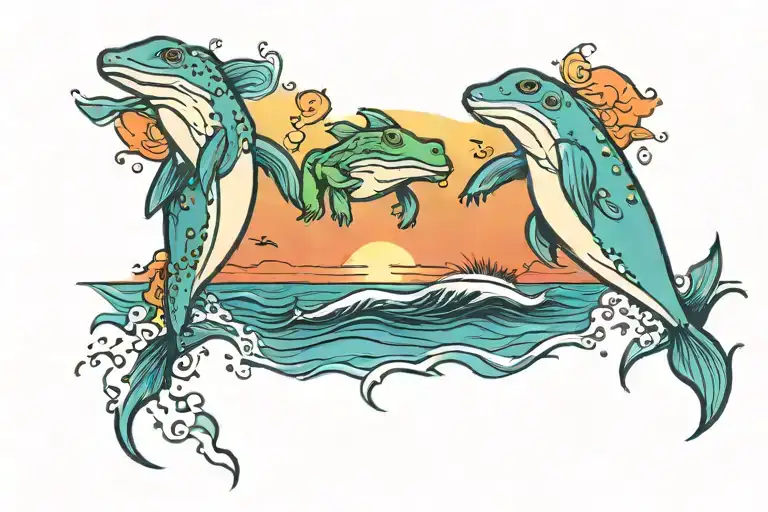 Both frogs and dolphins jumping in the sunset background tattoo design idea