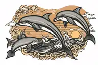  dolphins jumping in the sunset background tattoo design idea