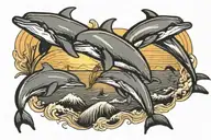 dolphins jumping in the sunset background tattoo design idea