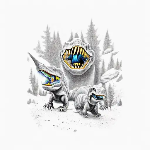 three différents hatching dinosaurs in thé forest tattoo design idea