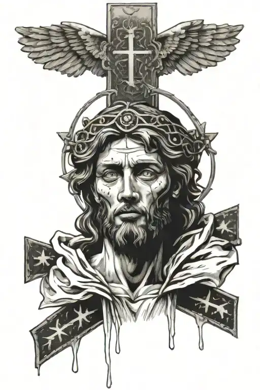 biblical angel covered in eyes with a cross above its head tattoo design idea