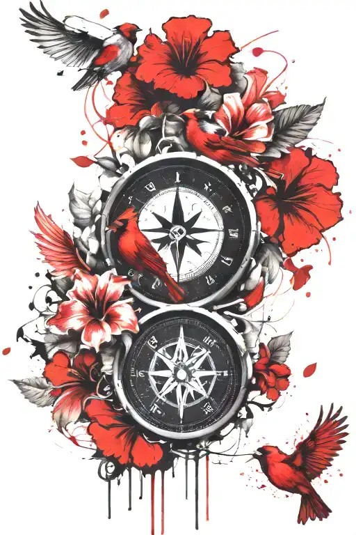flying cardinal compass hibiscus flowers forearm tattoo tattoo design idea