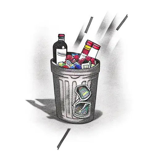 wine bottle in a trashcan tattoo design idea