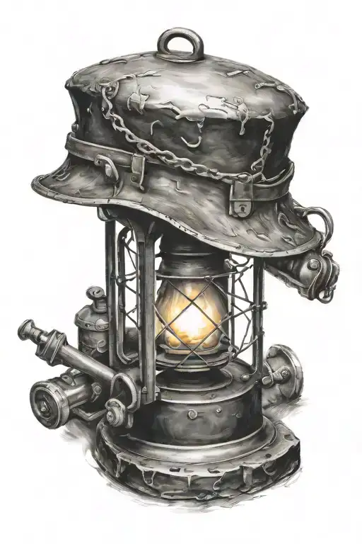 old limburg miners lamp with orgids. black and white tattoo design idea