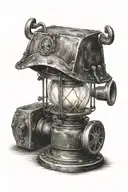 old limburg miners lamp with orgids. black and white tattoo design idea