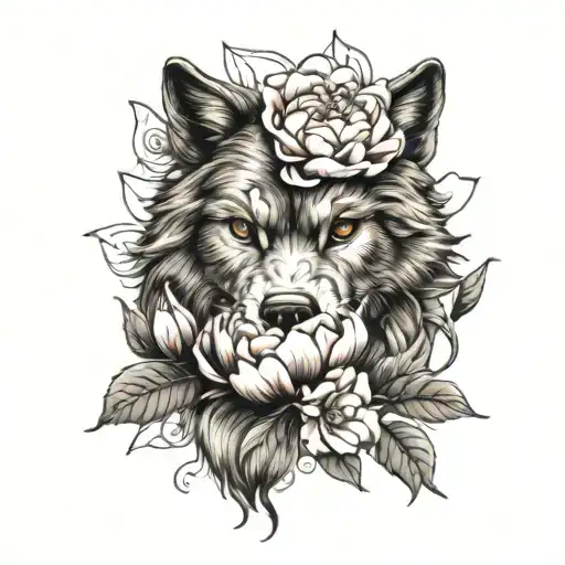 Wolf head and Peony Flower growing tattoo design idea